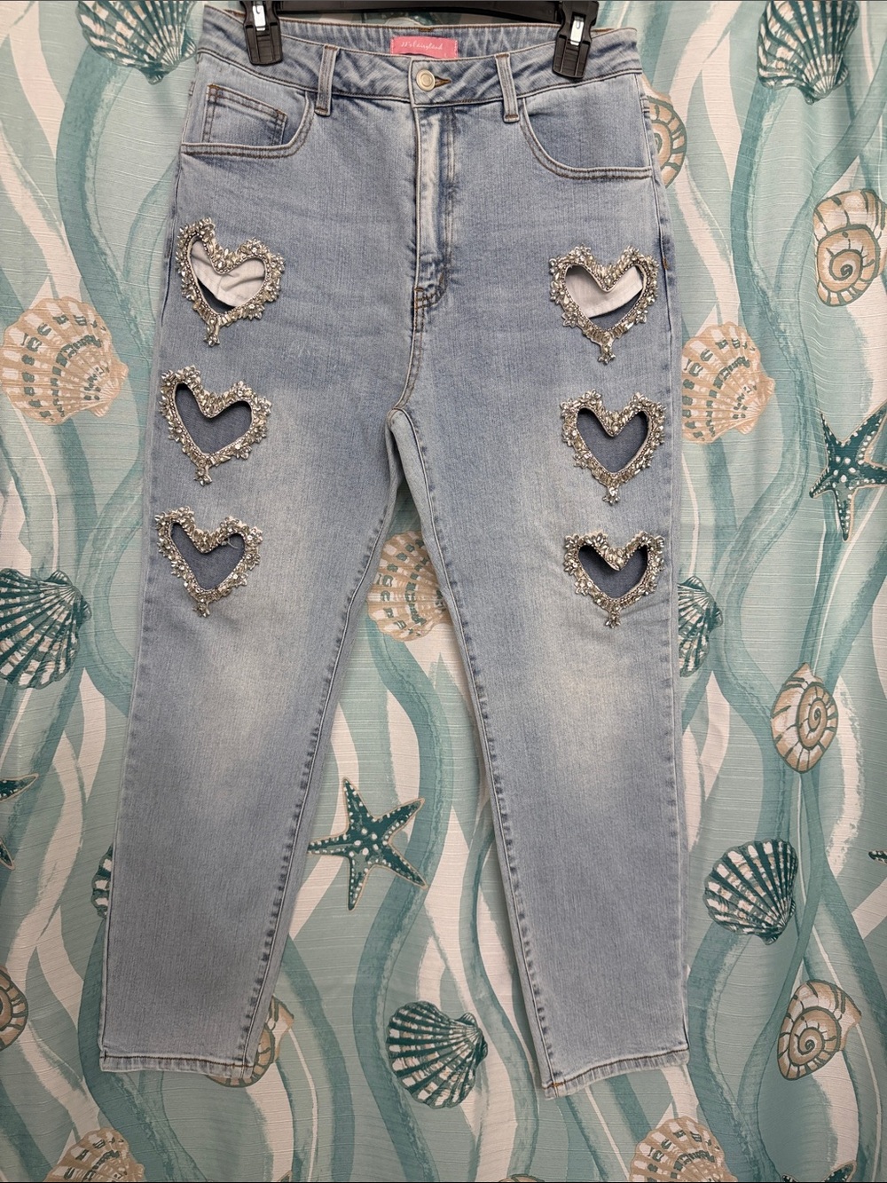 High-Rise Embellished Heart Cutout Jeans - Light Blue